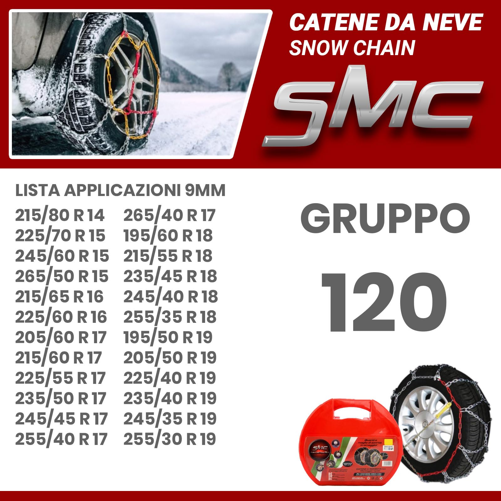 Catene da Neve OMOLOGATE O-Norm TUV SMC 9mm per Pneumatici GOMME 195/60 R 18