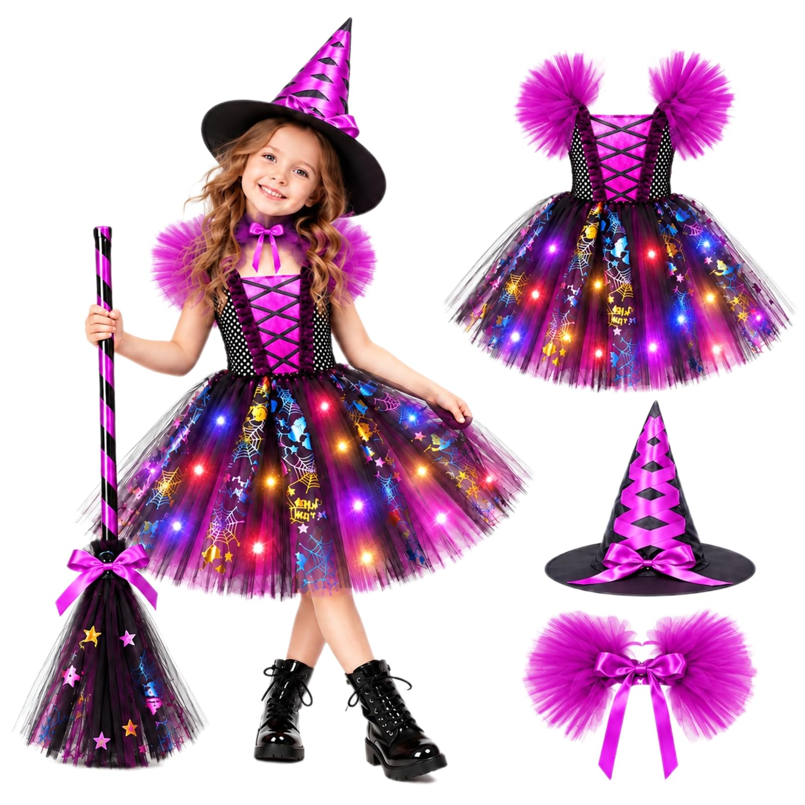 Witch Costume Kids Girls Halloween Costumes for Kids Witches Costumes 4 Pcs Set Dresses with Wizard Hat, Collar and Broom Wand Carnival Outfits Wizard Outfit for Dress Up Party Role Playing Cosplay