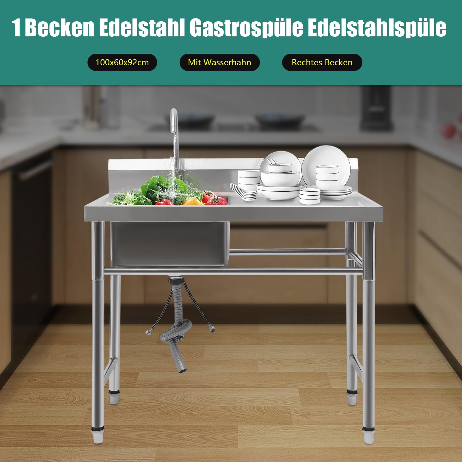 Spülbecken Mobile, Küche Spülbecken Organizer Edelstahl Arbeitstisch Küche mit Spüle und Armatur, Spülbecken Mobile für Außen Innen Garten Freistehend, Multifunktionswaschtisch, 100x60x93cm
