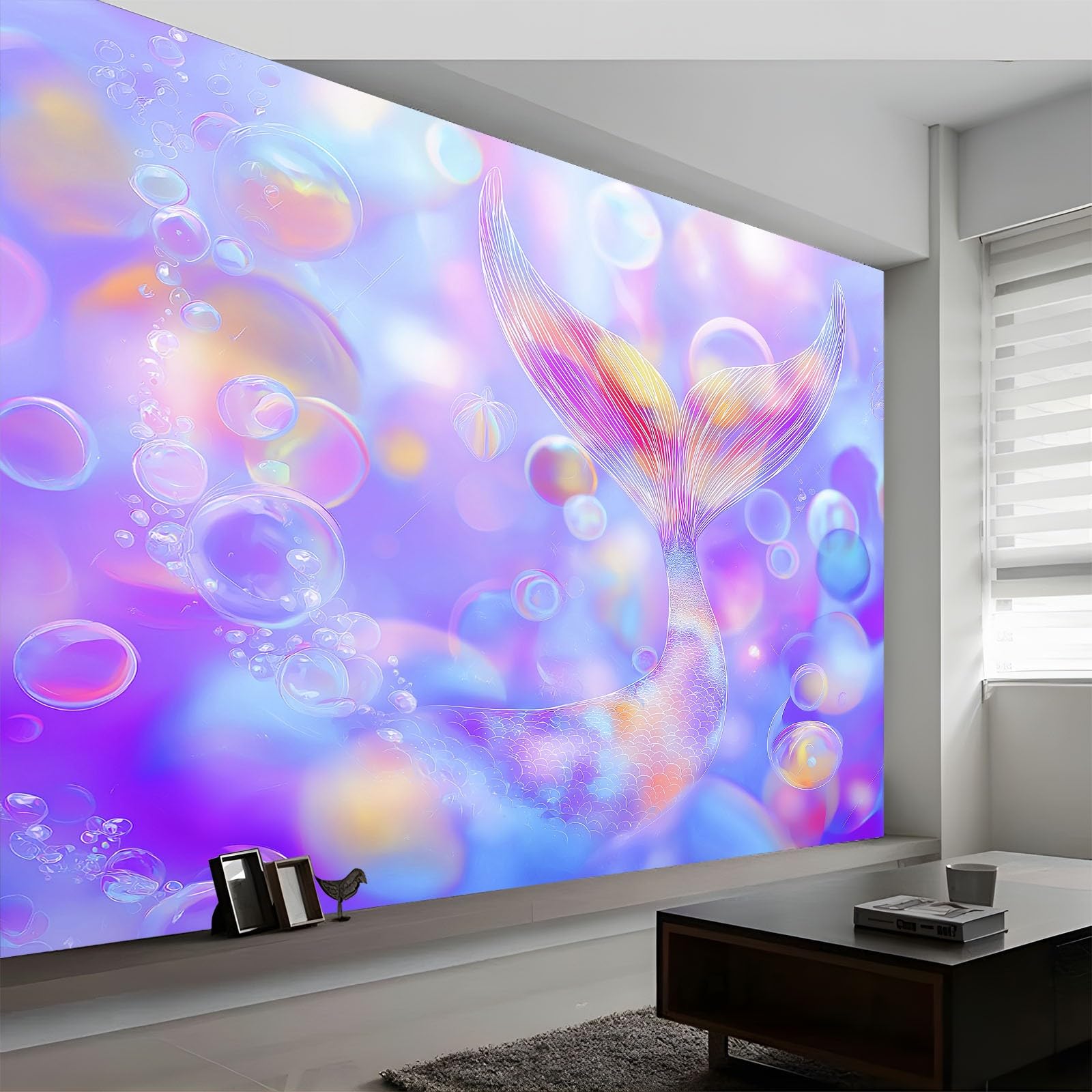 Panoramiczna tapeta 3D 250 x 175 cm fantazyjne zwierzęta syrenka bąbelki tapeta z włókniny, plakat ścienny do salonu, dekoracji pokoju dziecięcego, łatwy montaż, fioletowy