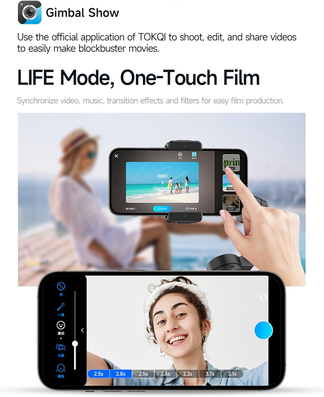 Screenshot of the TOKQI app interface on a smartphone, showing video editing features.