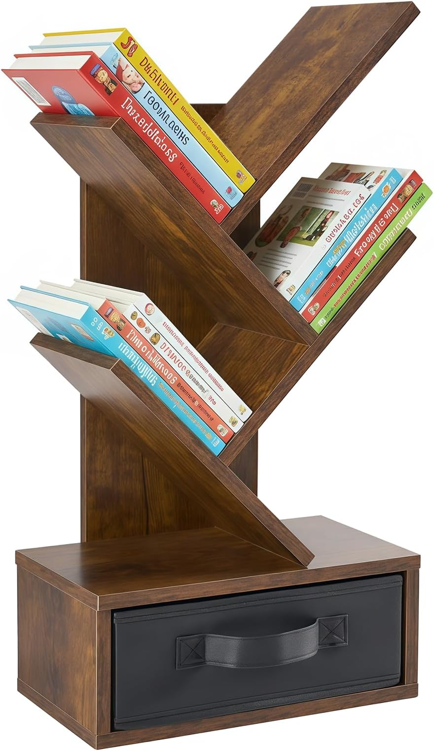 DUMOS Tree Bookshelf, 4-Tier Rustic Brown Bookcase with Drawer - Narrow Slim Corner Bookshelf for Small Spaces, Geometric Wooden Book Rack for Living Room, Bedroom, Home Office