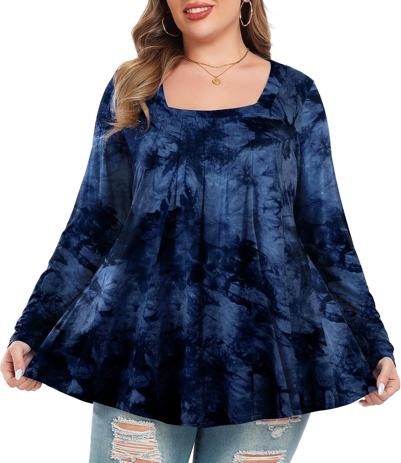 LARACE Womens Plus Size Tunic Tops Loose Fit Square Neck Long Sleeve Shirts - Image 3