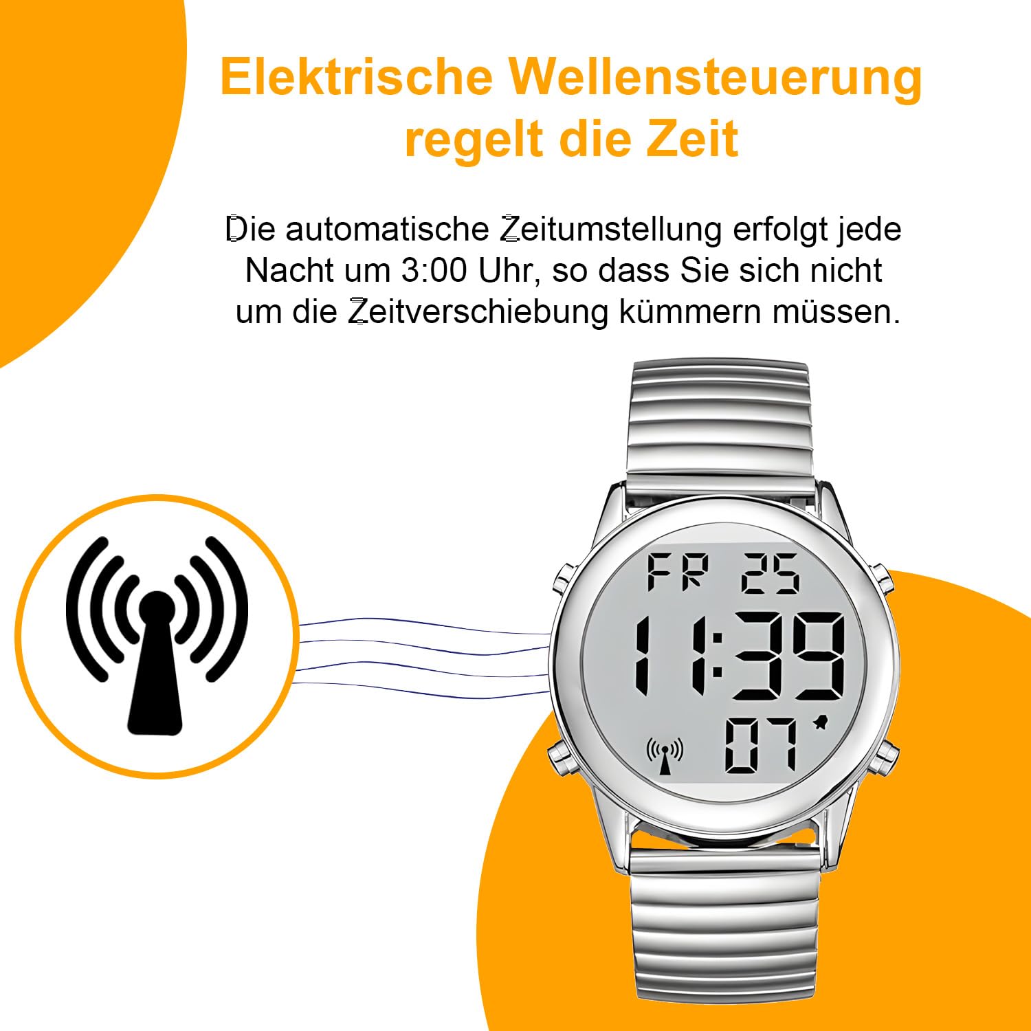 Montre parlante allemande pour homme - Montre radio-pilotée - Écran LCD - Grand chiffre facile à lire - Annonce de la date et de l'heure - Pour les aveugles, les personnes âgées et les
