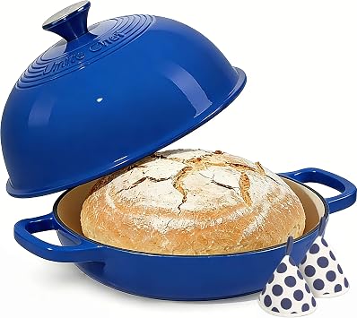 Enamelled Cast Iron Dutch Oven Pot Dutch Oven Pot with Lid For Sourdough Bread Baking Cast Iron Bread Oven Dark Blue, Umite Chef 6QT Pot with Lid & Cotton Potholders