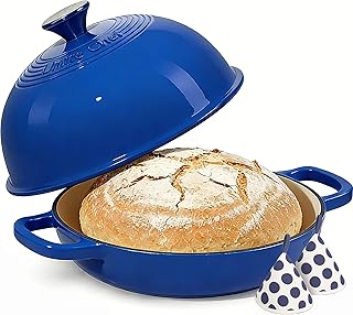 Enamelled Cast Iron Dutch Oven Pot – Dutch Oven Pot with Lid For Sourdough Bread Baking – Cast Iron Bread Oven – Dark Blue, Umite Chef 6QT Pot with Lid & Cotton Potholders