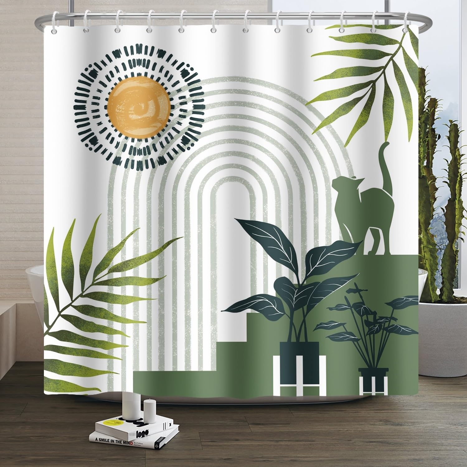 Xiaoterna 120x180cm Boho Shower Curtain Funny Cat Palm Leaves Geometrical Stripes Waterproof Bathroom Curtain Vintage Arch Sun Tropical Plant White Washable Mildew Resistant Bathroom Decoration