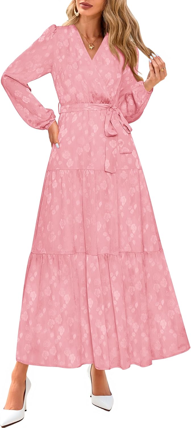 PRETTYGARDEN Womens Spring Long Sleeve Wrap V Neck Ruffle Floral Maxi Dress Casual Tie Waist Boho Chiffon Flowy Long Dresses - Image 4