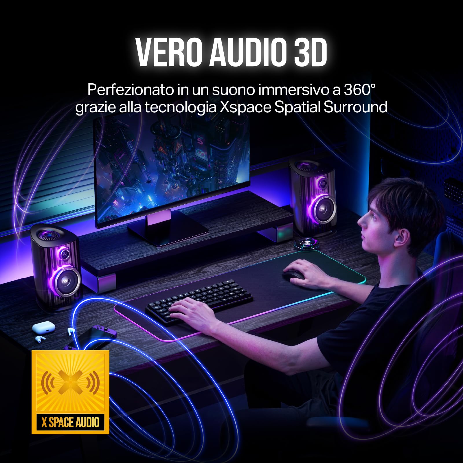 OXS Thunder Duo Altoparlante da Gaming 3.1.2 con Dolby Atmos, Audio Hi-Fi di Livello Studio, RGB Dinamico, Modalità EQ Multiple, Controllo APP, HDMI 2.1, USB-C, Bluetooth, per PC e Console di Gioco