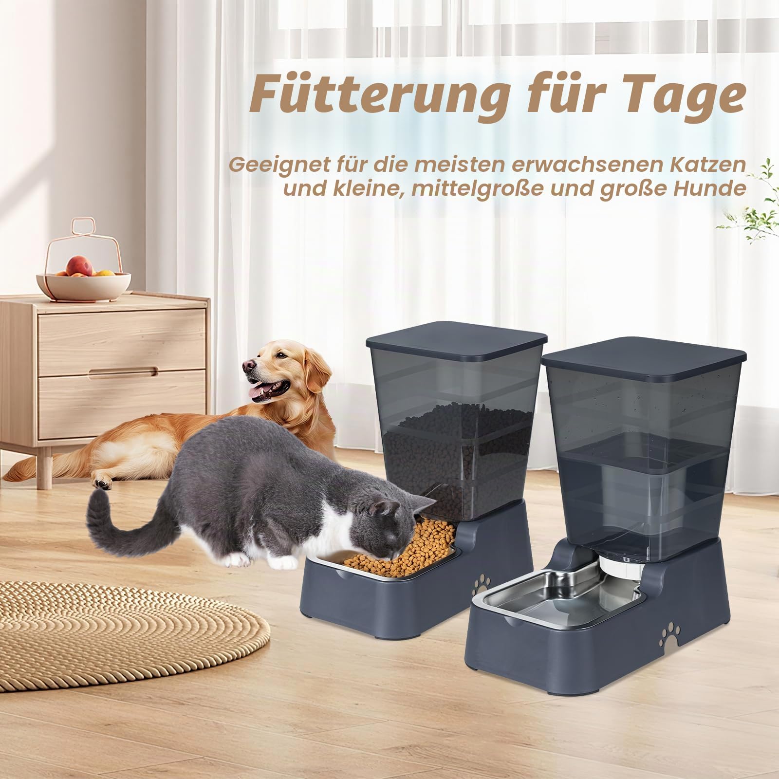 Automatisches Futter-Set für Hunde und Katzen mit Schüssel aus Edelstahl 304 und Wasserspender, geeignet für mittelgroße und große Hunde und Katzen, große Kapazität 5,3 l/1,4 Gallonen x2 (schwarzes