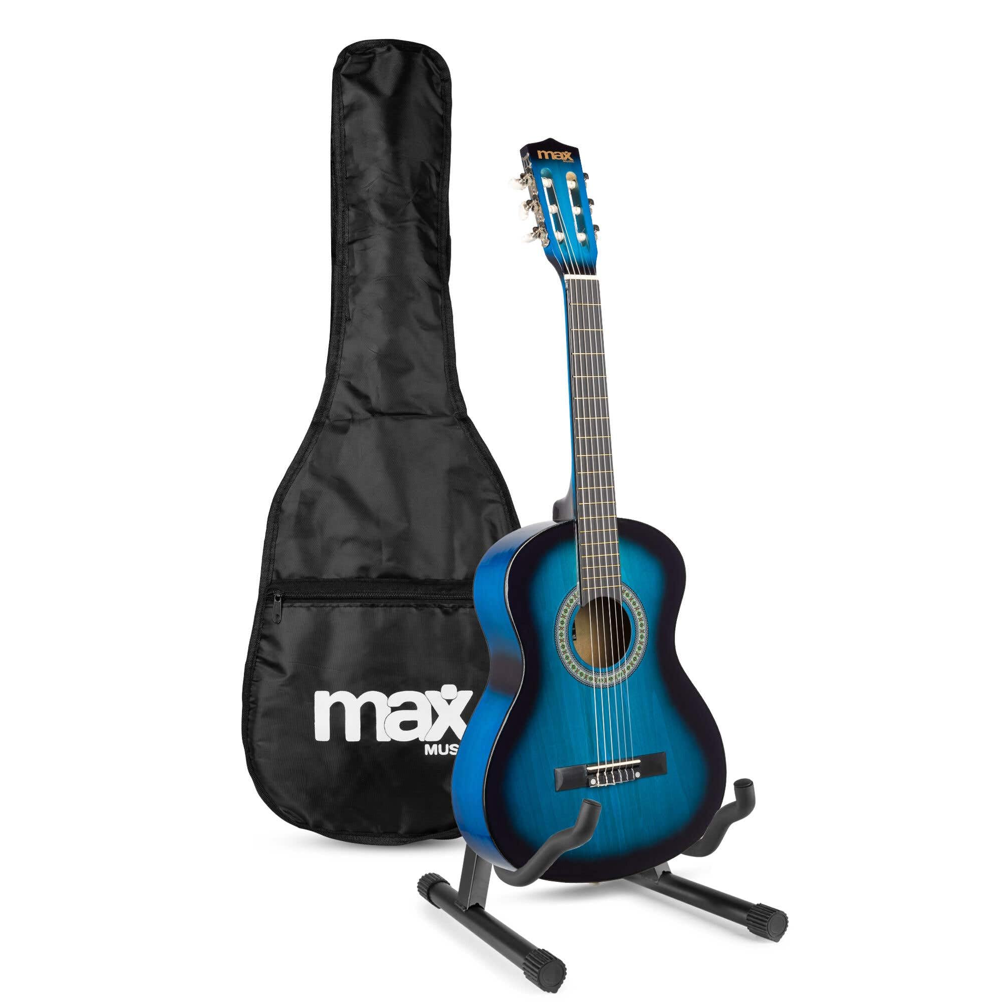 Max SoloArt Pack Guitare Classique Junior 3/4 - Bleue, Cordes en Nylon, 8 à 12 ans, Sac de Transport, Médiators, Sangle, Support Guitare, un Cadeau pour Enfants Idéal pour Débuter la Guitare