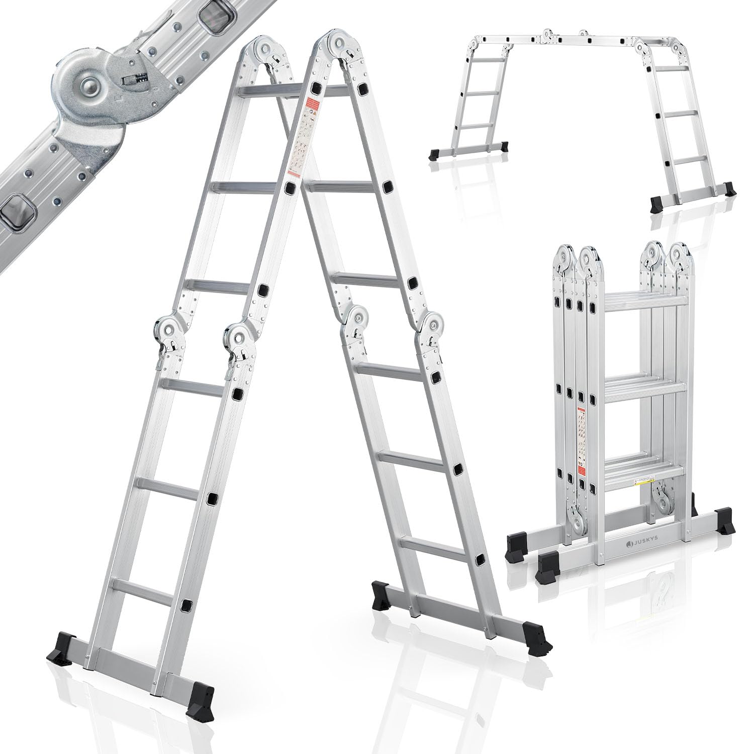 Scala multifunzionale pieghevole in alluminio Juskys 3x4 gradini, 3,6 m, portata fino a 150 kg – snodabile in 4 pezzi