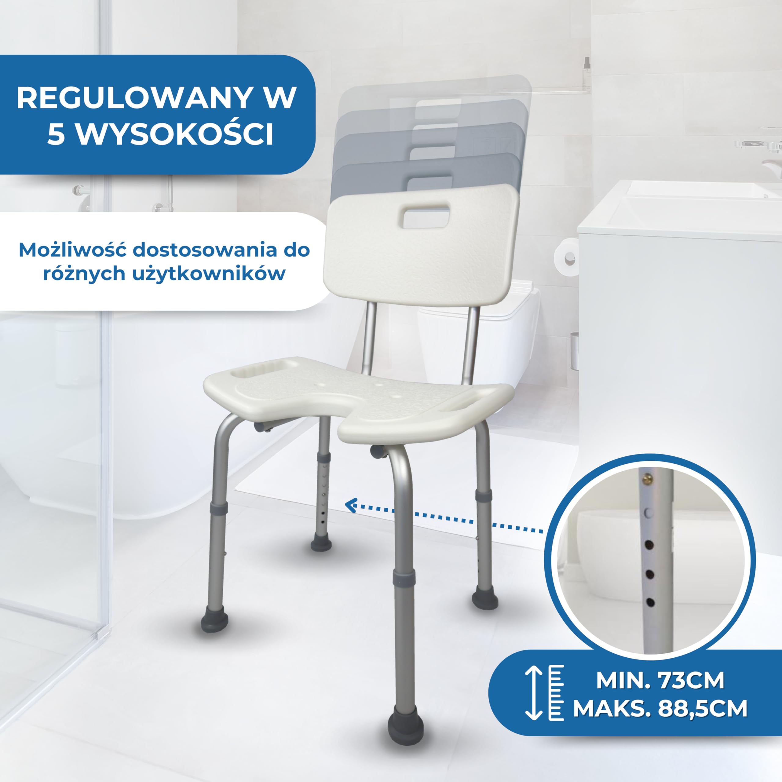Mobiclinic, model Marisma, Krzesło prysznicowe z oparciem i siedziskiem w kształcie litery U, regulacja wysokości