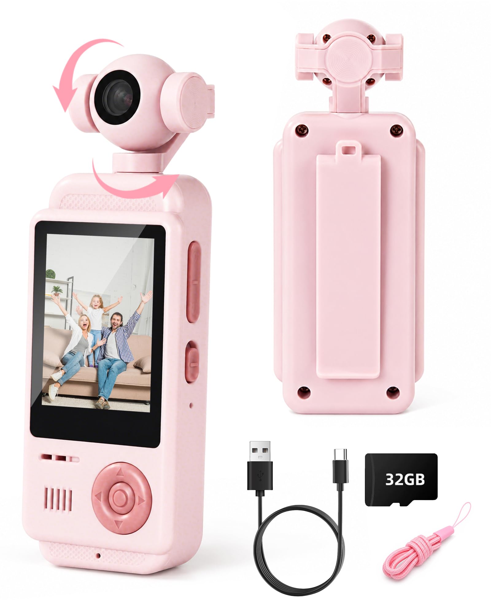 CKATE Kids Digital Camera, Handheld Vlogging Camera, Rotatable Len, Pink
