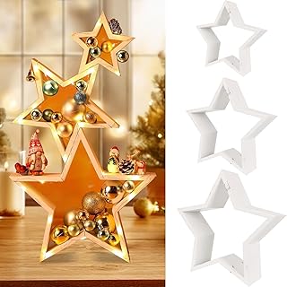 3 Pcs Wooden Star Tabletop Centerpiece Sign for Crafts Desk Coffee Table Fireplace Mantle Bookshelf Tiered Tray Accents Rustic Christmas Farmhouse Decorative Ornaments