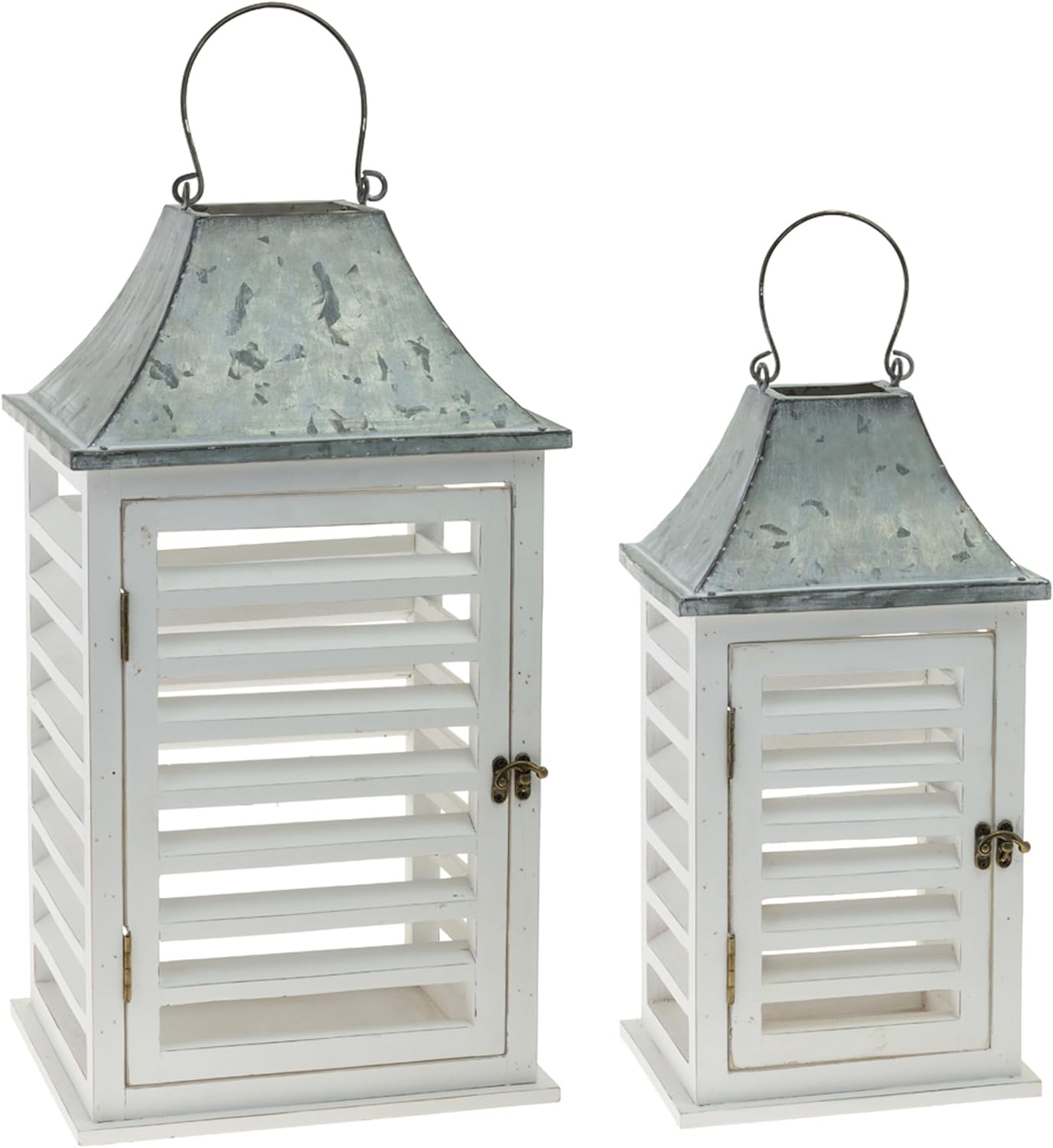 Boston International Lantern/Candle Holder Decorative Wooden Lanterns for Home, Tabletops, Mantels, Patios, Set of 2, Louvered White