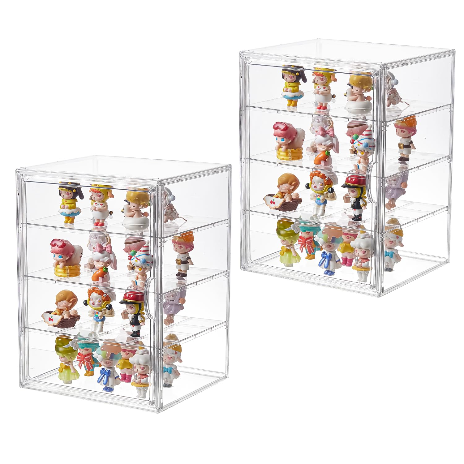 4 Tiers Clear Acrylic Display Case, Plastic Storage Bins with 3 Adjustable Divider and Magnetic Door,Stackable Display Box for Figures Showcase (XXL-4 Tier-2 Pack)