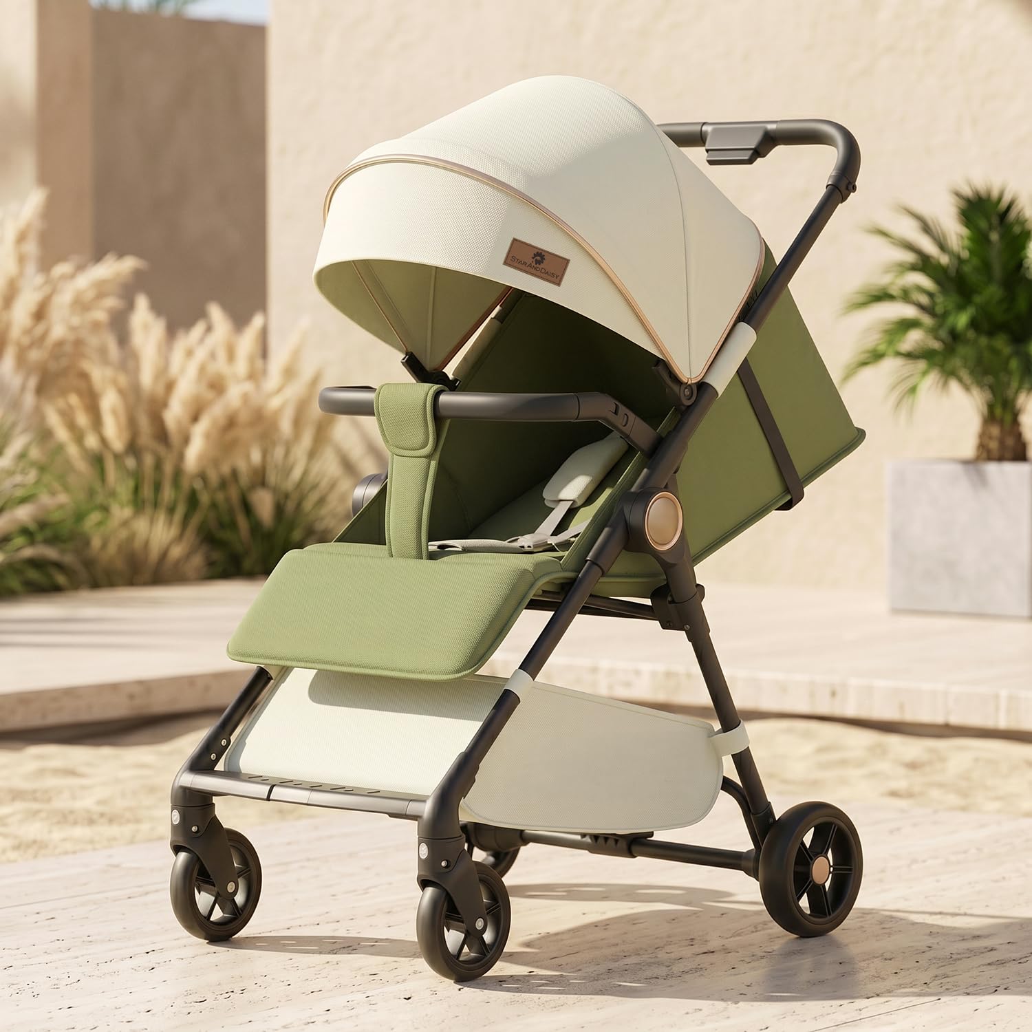 StarAndDaisy Foldable Stroller for Baby 0-3 Years Infant & Toddler / Travel Pram for Baby with Adjustable Canopy & Footrest with Lockable Wheels, Multi-Level Recline , Storage basket, 5-point safety Belt (Green)-picture-39