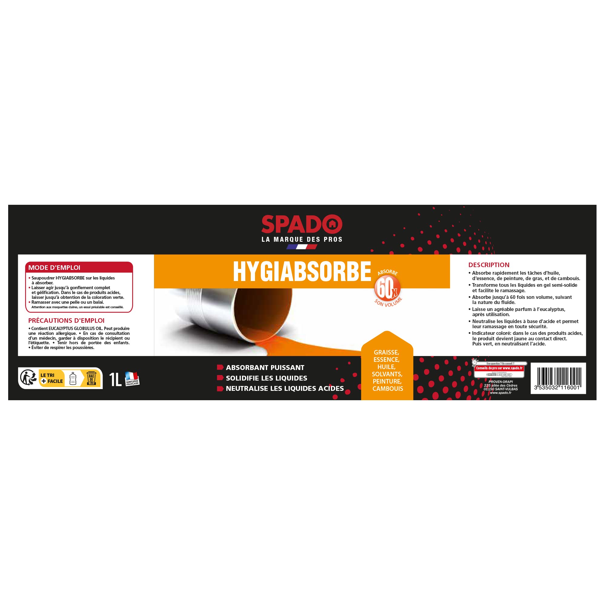 SPADO - Hygiabsorbe - Ultra absorbant - Solidifiant - Désodorisant - Actifs désinfectant - Parfum frais - 1L - Fabriqué en France