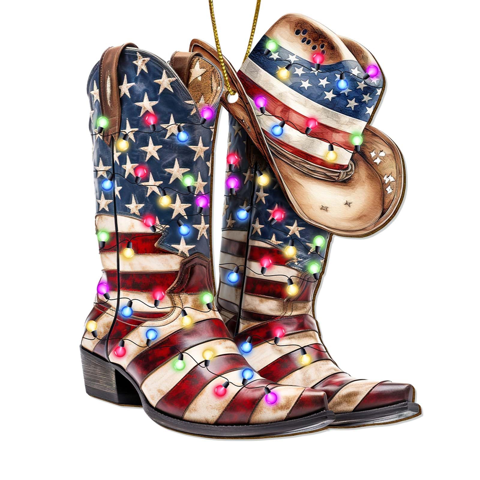 Cowboy Boot Christmas Tree Keepsake Ornaments, American Flag Themed 2 Side Printed Flat Wooden Ornament, Xmas Hanging Decor