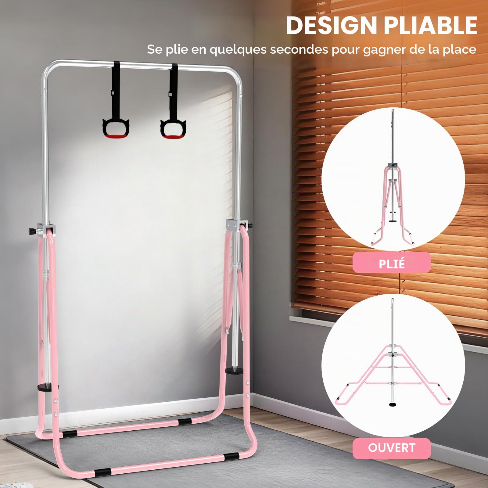 Barre de Gymnastique pour Enfants, Hauteur Réglable et Pliable – avec Anneaux, Barre Horizontale d’Intérieur pour Filles et Garçons, Équipement de Gym à la Maison