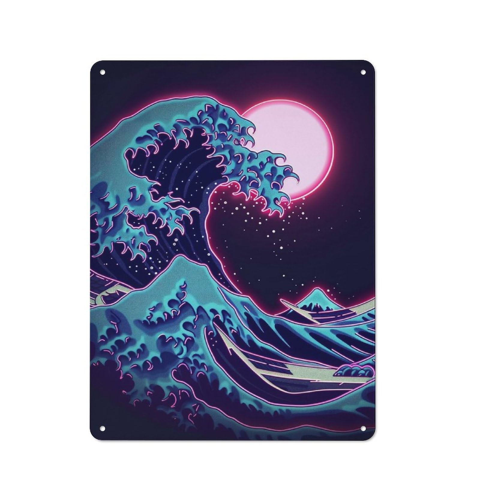 Junmoney Hoksau Wave Neon In Moon Vintage Tin Wall Plaque 40X30cm For Studio Or Craft Room, For Garage, Workshop And Man Cave Decoration