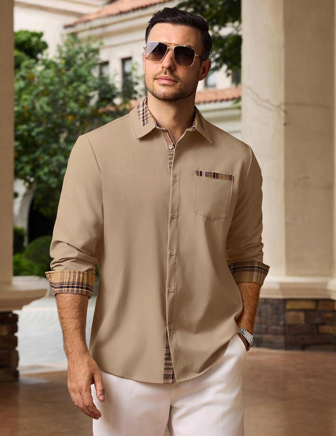 Vssjavun Mens Long Sleeve Button Down Shirt Plaid Collar Casual Regular Fit Untucked Dress Shirts - Image 2