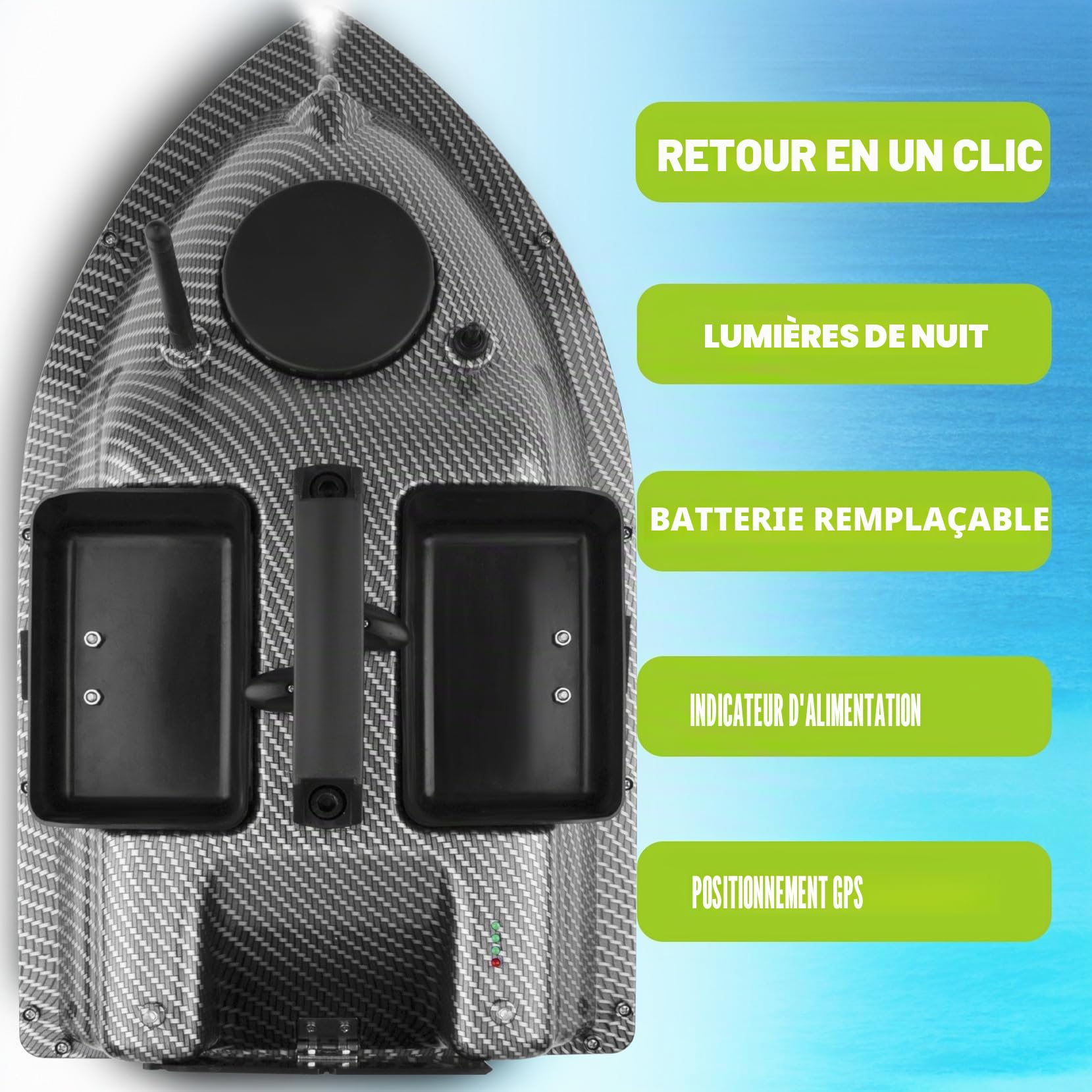GPS-Smart-RC Bateau à leurres sans fil 2kg Chargement automatique d'avance Retour Télécommande 500M de distance Bateau de nid de pêche (fibre de carbone)
