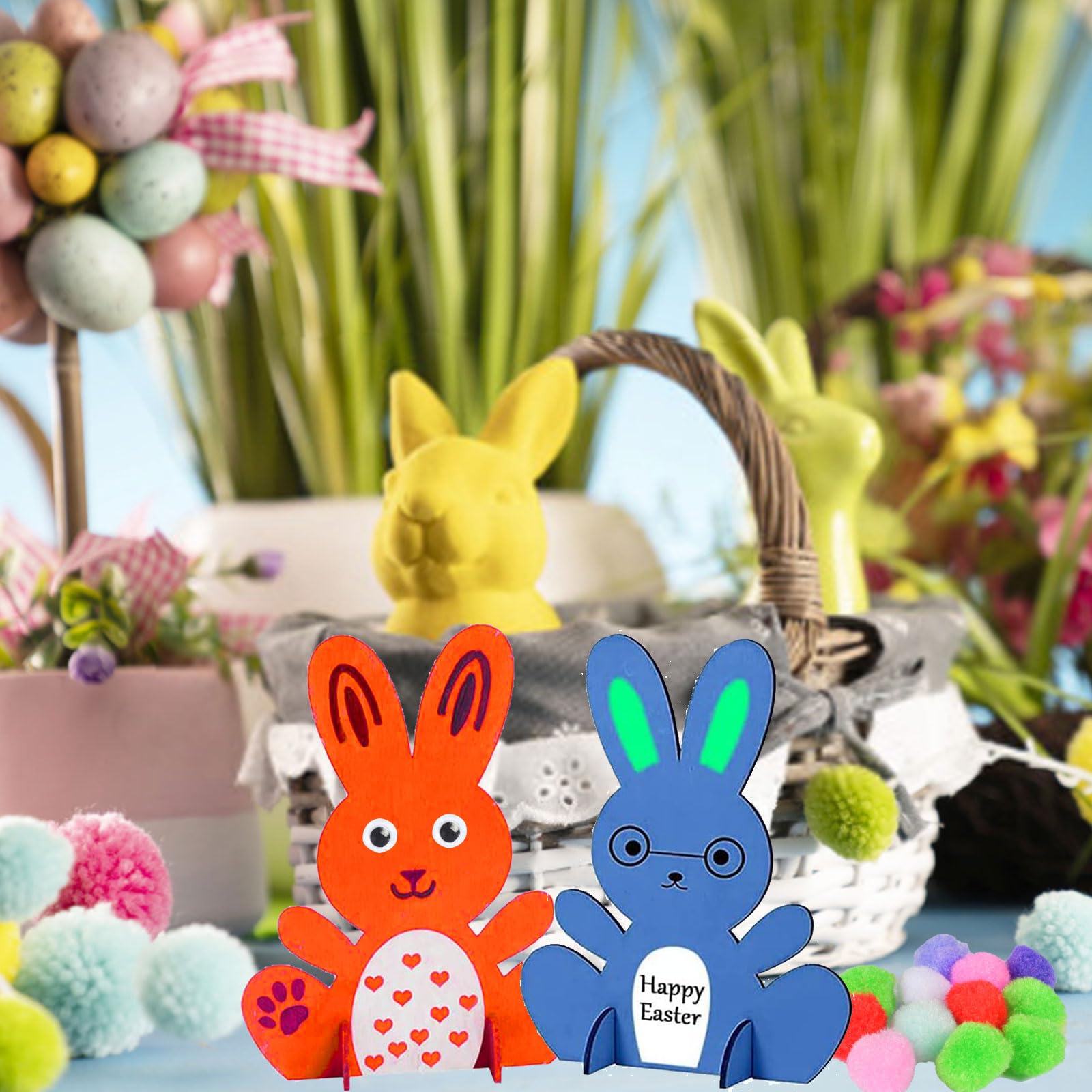 Funmo Set De Conejos De Madera Para Pintar – Decoración De Pascua Con Pompones Y Ojos Saltones