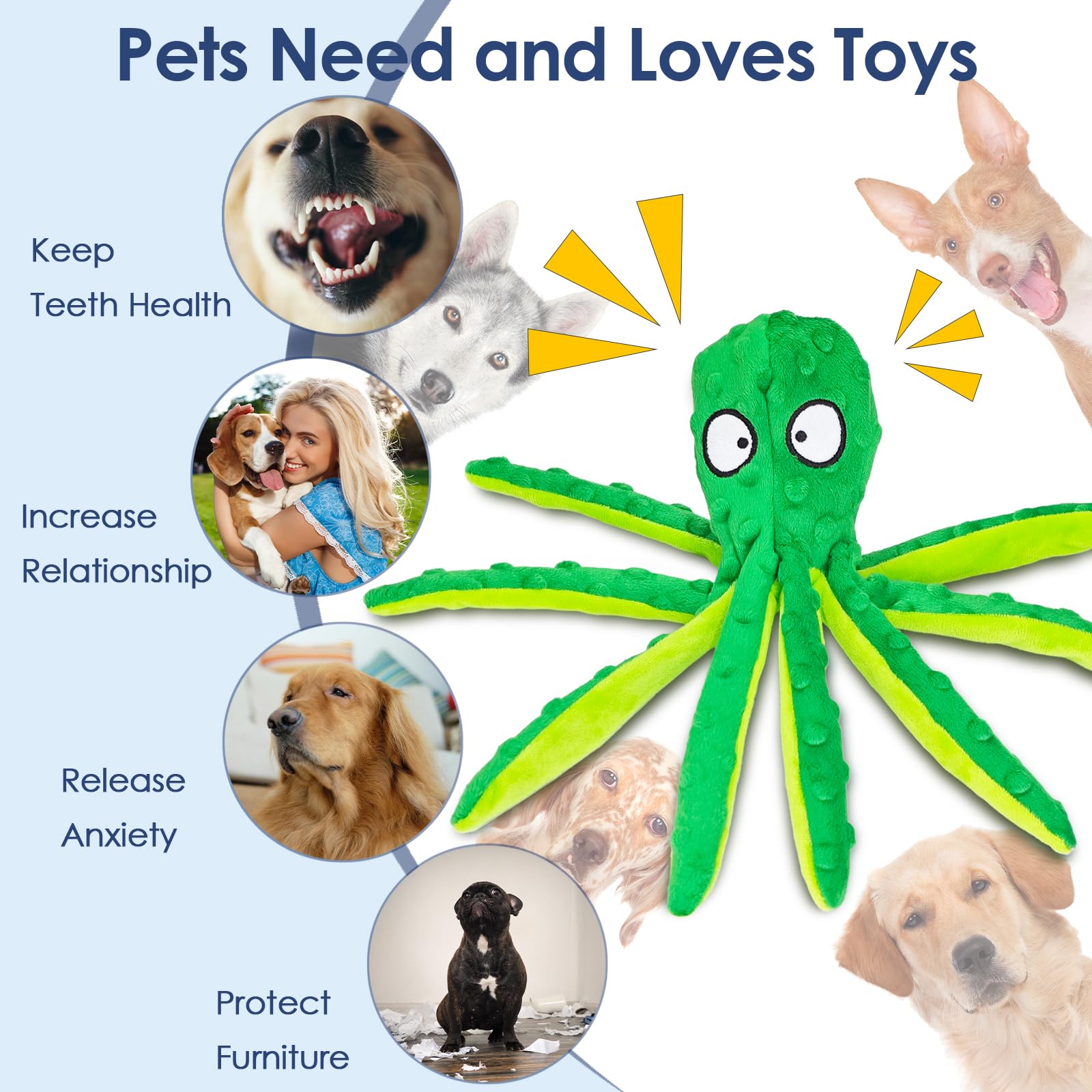 Paquete de 4 juguetes chirriantes para perros, juguetes de peluche de pulpo para masticadores agresivos, sin relleno, juguetes de peluche arrugados para dentición de cachorros, interactivos