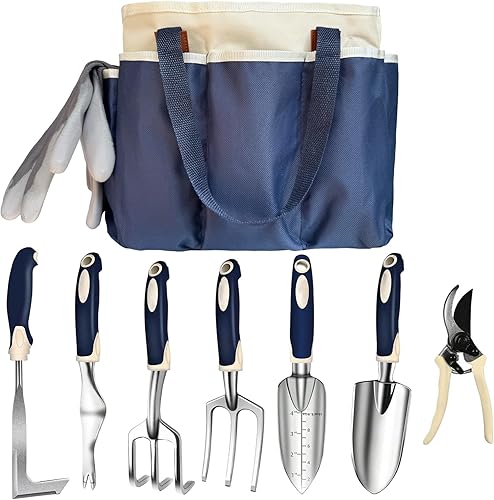 Juego de herramientas de jardinería, 9 piezas de herramientas de jardín de aluminio resistentes con asas antideslizantes y bolsa de herramientas