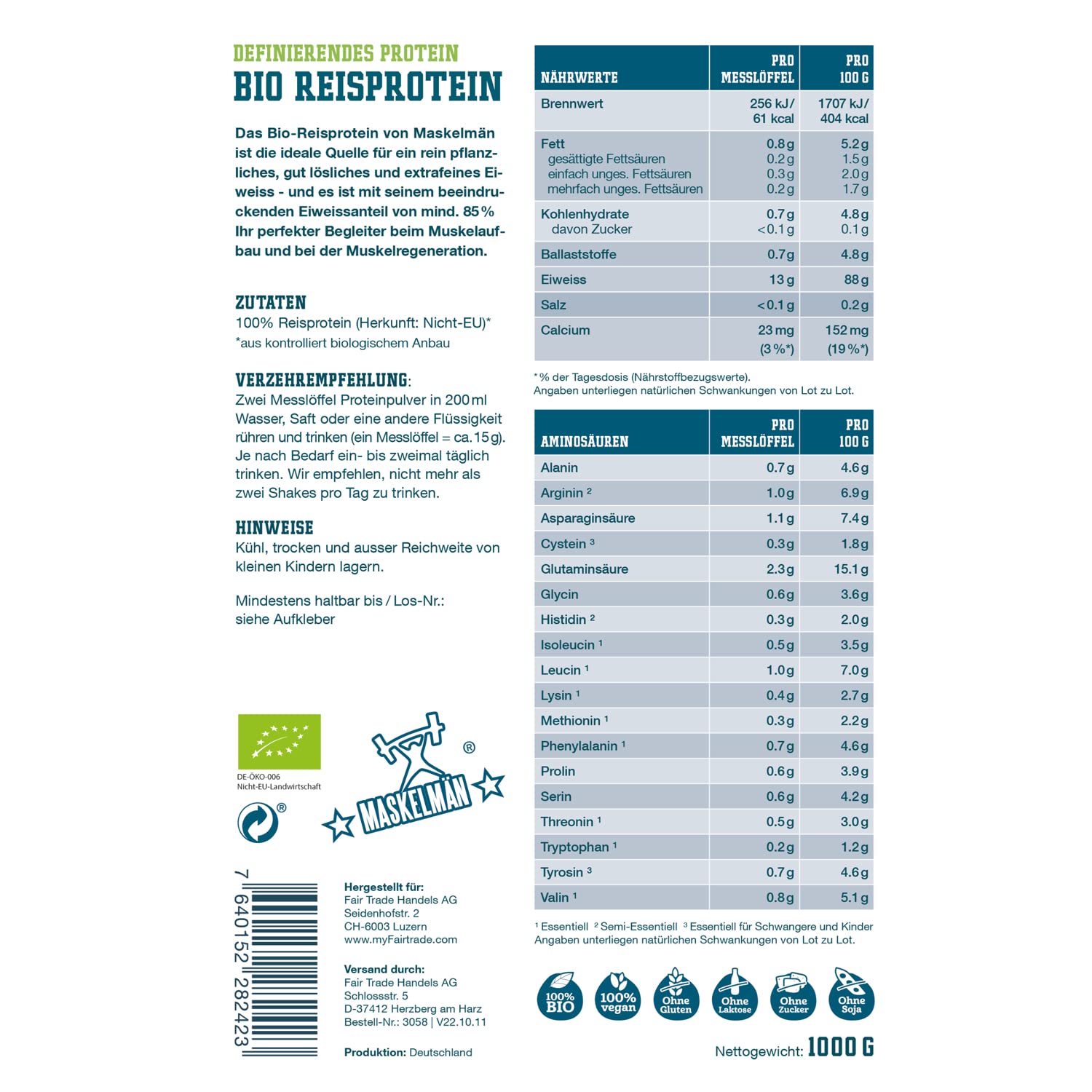 Reisprotein vegan von Maskelmän - 3 KG - 80% Eiweiss - Extrafeines Bio Reisprotein aus der Reiskleie - Ideale vegane Eiweissquelle