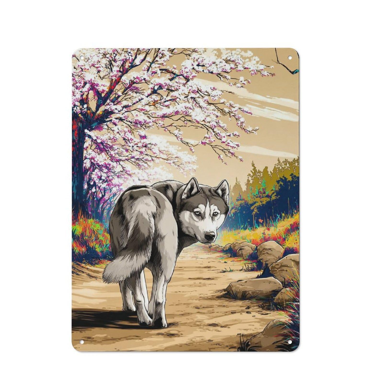 Nostalgic Siberian Husky in Blossom Pathway Metal Wall Sign 40x30cm, Classic Pub Decor for Bar, Kitchen, Garage Or Games Room