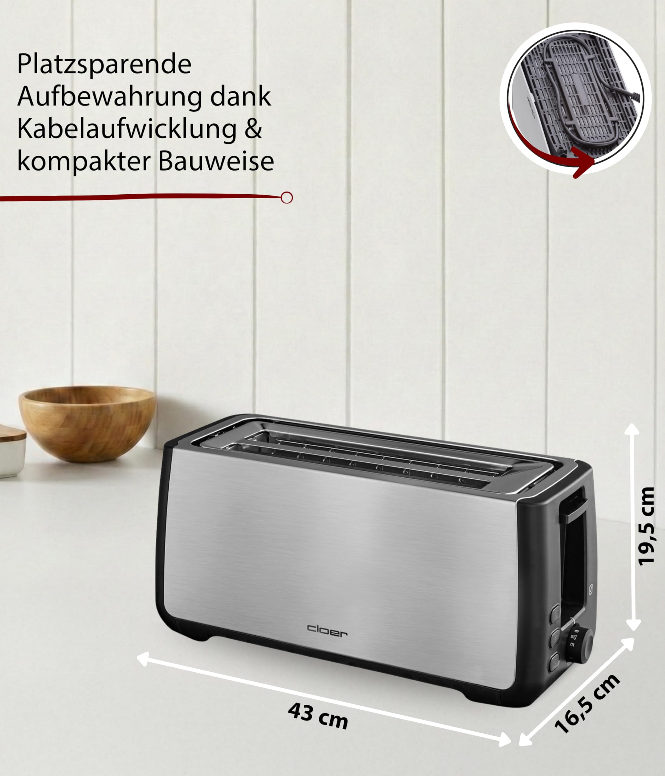 Cloer 3579 King-Size Toaster für 4 XXL Scheiben, Check-Funktion, Edelstahlgehäuse, 1500 Watt, schwarz Kunststoff
