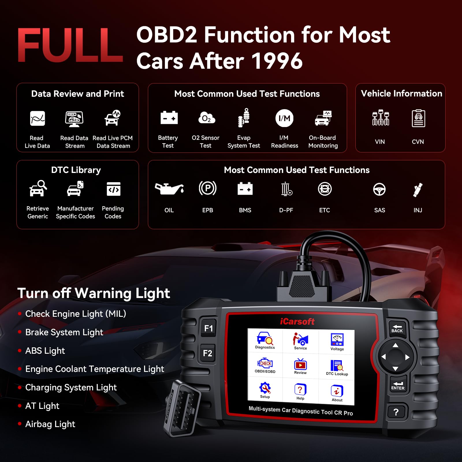 iCarsoft CR Pro 2025 Ver OBD2 Scanner Diagnostic Tool All System Car Scan Tool Battery Test Live Data Graph with 9 Service Oil Reset EPB BMS ETC SAS DP-F ABS TPMS Injector Coding Fault Code Reader