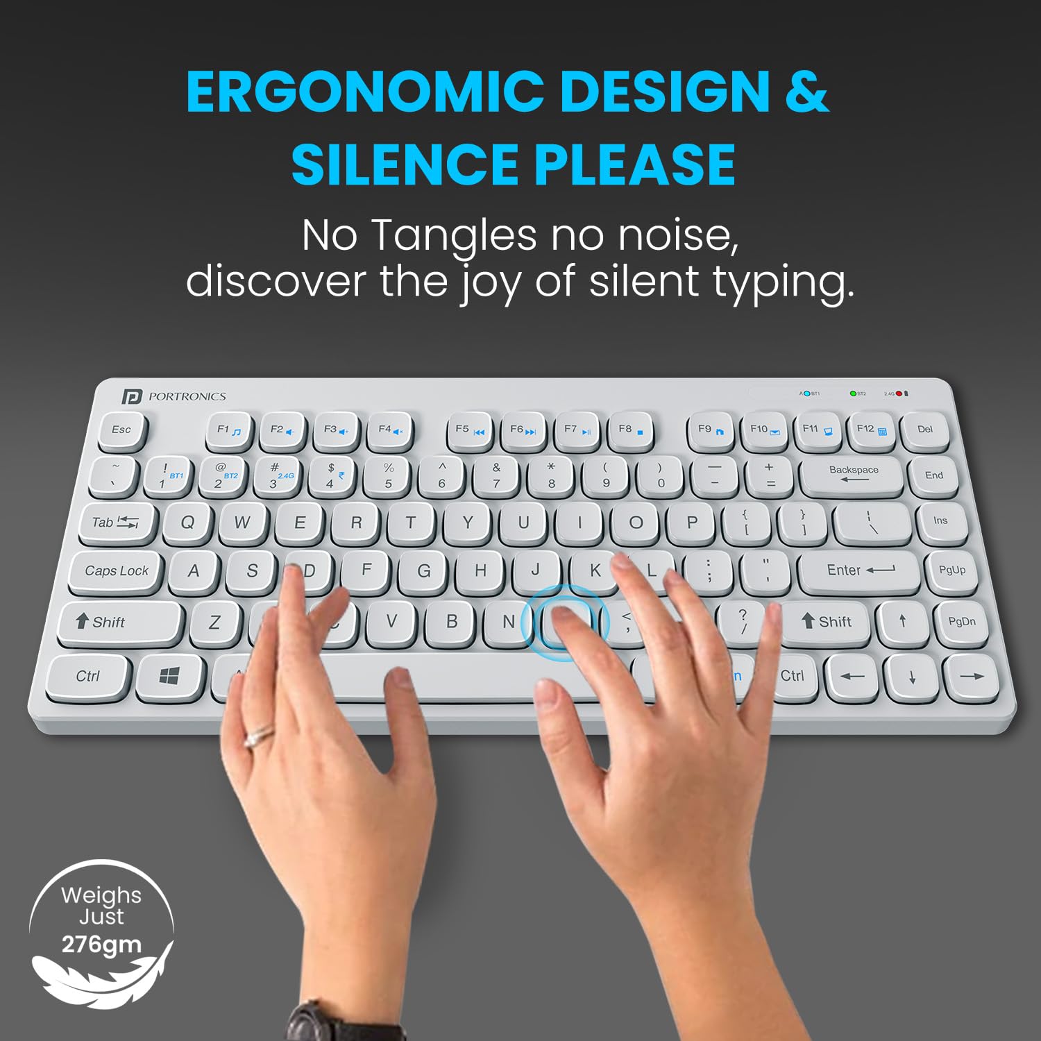 Portronics Bubble Multimedia Wireless Keyboard 2.4 GHz & Bluetooth 5.0 Connectivity, Noiseless Experience, Compact Size for iOS iPad Air, Pro, Mini, Android, Windows Tablets PC Smartphone(White) — Amazon image 4