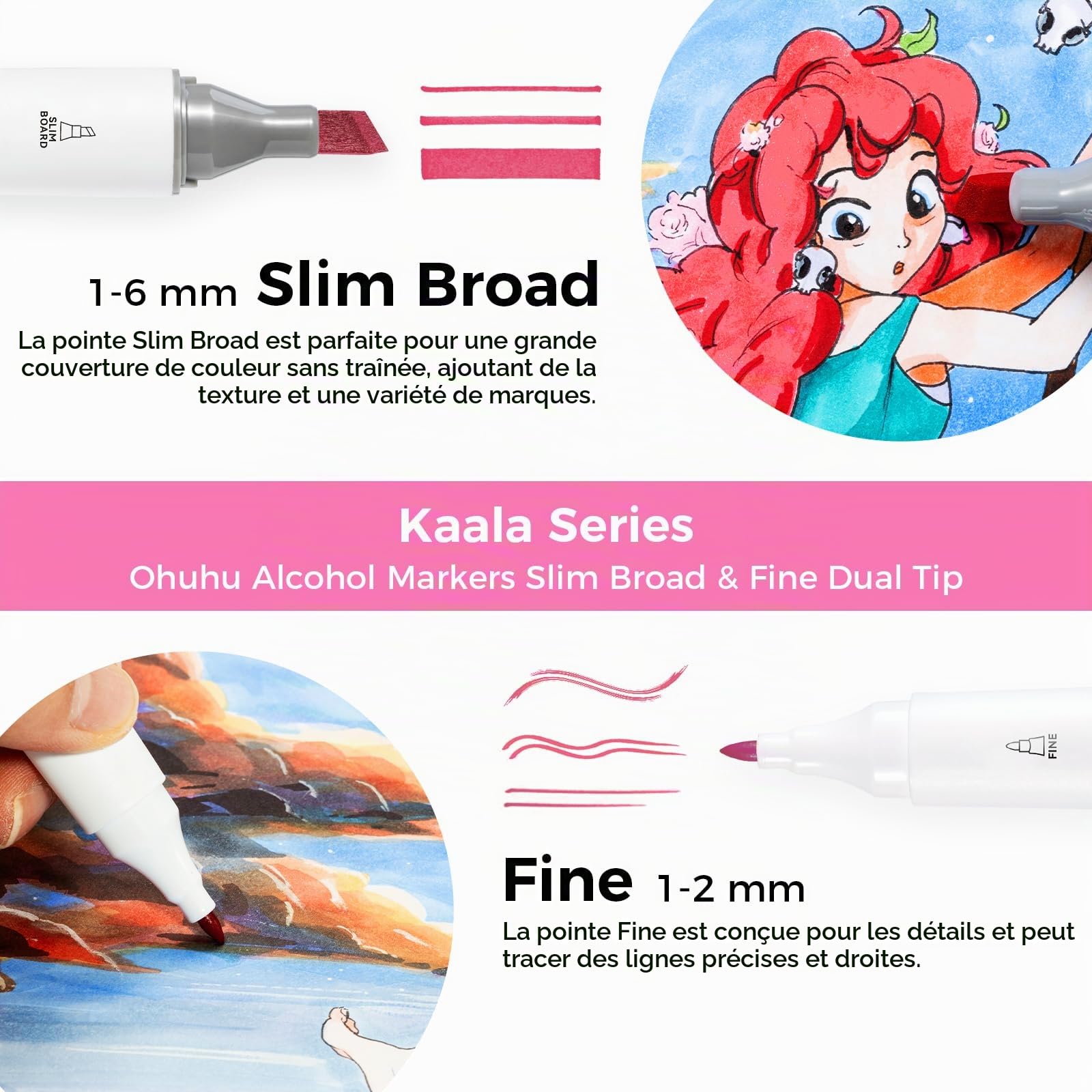 Ohuhu feutres alcool, 60+1 Couleurs feutre à alcool permanent à double pointe, rechargeable, à mélange parfait Pour les artistes et les adultes, coloriage Dessin Animé Bandes Dessinées - Série Kaala