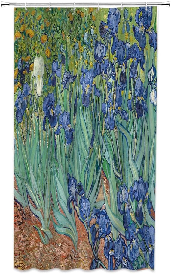 Iris Shower Curtain Vintage Oil Painting Iris Flower Leaf Garden Rustic Countryside Art Print Fabric Bathroom Decor Sets with Hooks