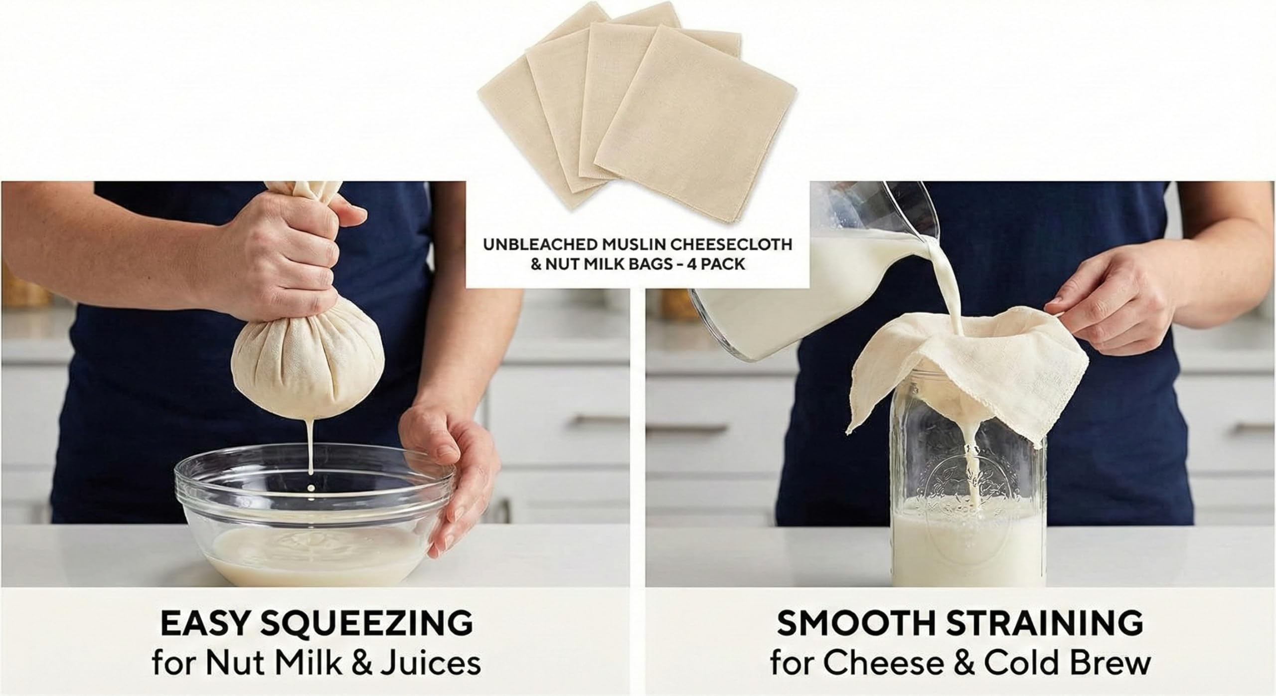 4 Panni per Formaggio Riutilizzabili, Cotone Non Sbiancato per Filtrare Yogurt, Succo di Verdura, Latte, 50x50 cm e 60x60 cm, Adatti per Lavorare con Alimenti Caldi, Facili da Pulire e Duraturi