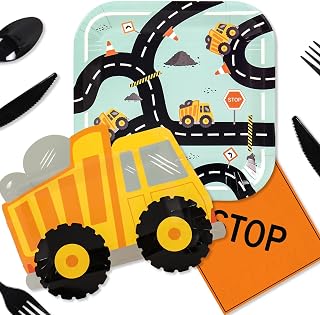 JarThenaAMCS 144Pcs Construction Party Tableware, Serves 24, Disposable | Includes Plates, Napkins, Cutlery, Yellow Truck, Road, Paper Dinnerware Set, Birthday Baby Shower Party Supplies
