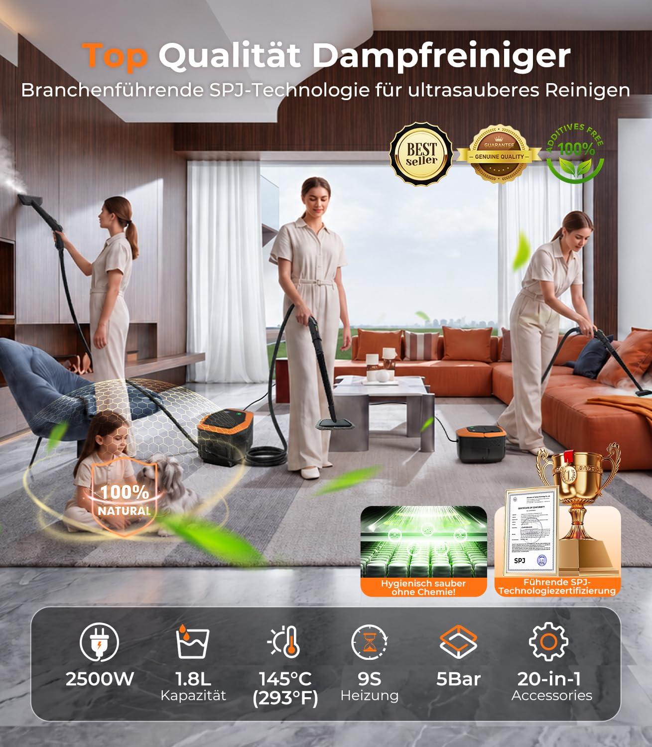 20-IN-1 Dampfreiniger Handgerät【100% Kühler & Akkufreier Griff–Neueste NH Labor-Technik】【99,99% Keimreduktion–SPJ Spitzentechnik】Dampfreiniger für Alles,Steam Cleaner für Fußboden, Sofa(Upgraded)