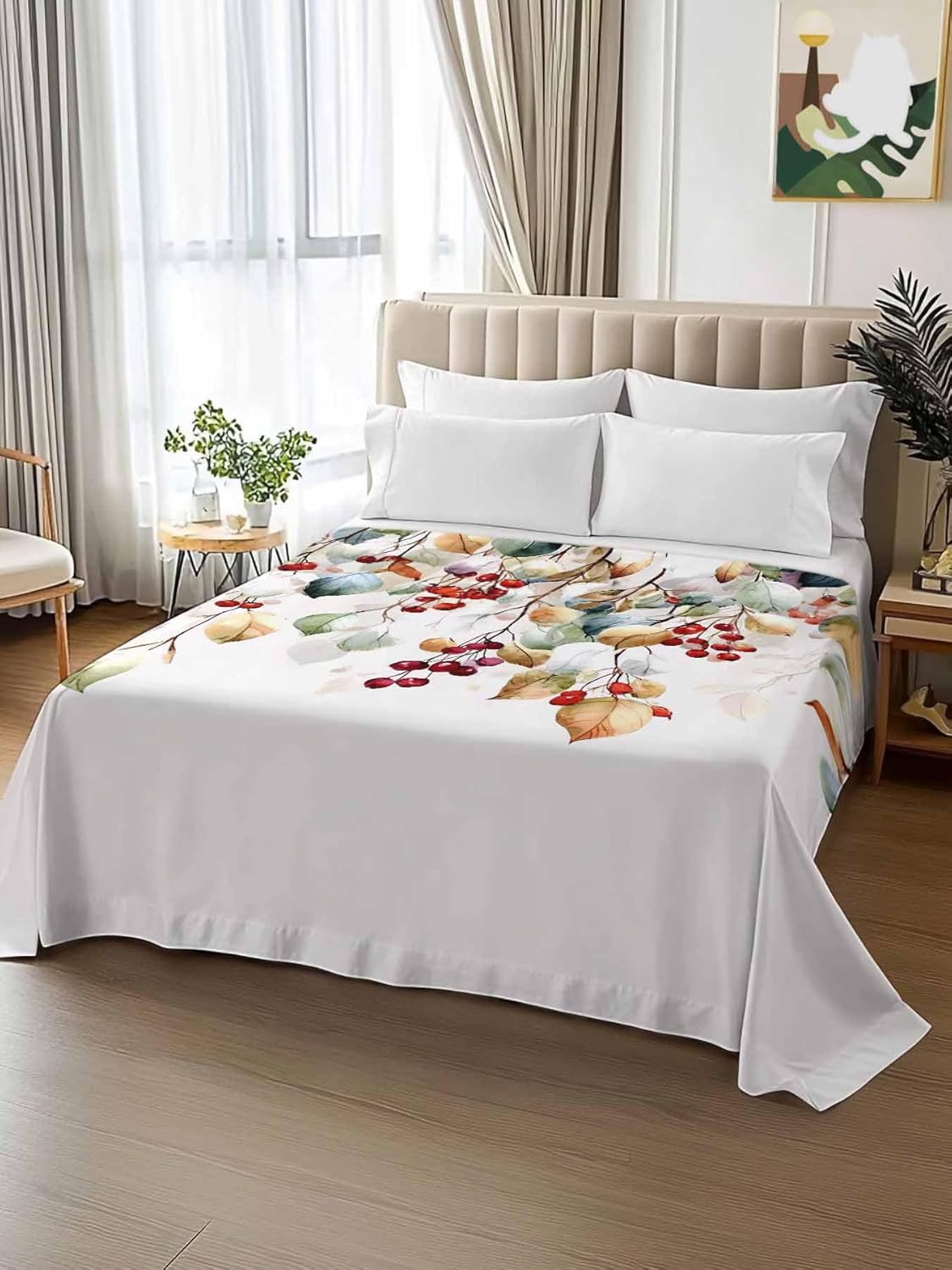 Top Sheet Full Bedding Flat Sheet Only, Watercolor Eucalyptus Leaves Microfiber Bed Sheets Soft Breathable Bedding Flat Sheets, Red Berry Green Leaves Hotel Luxury Top Sheets