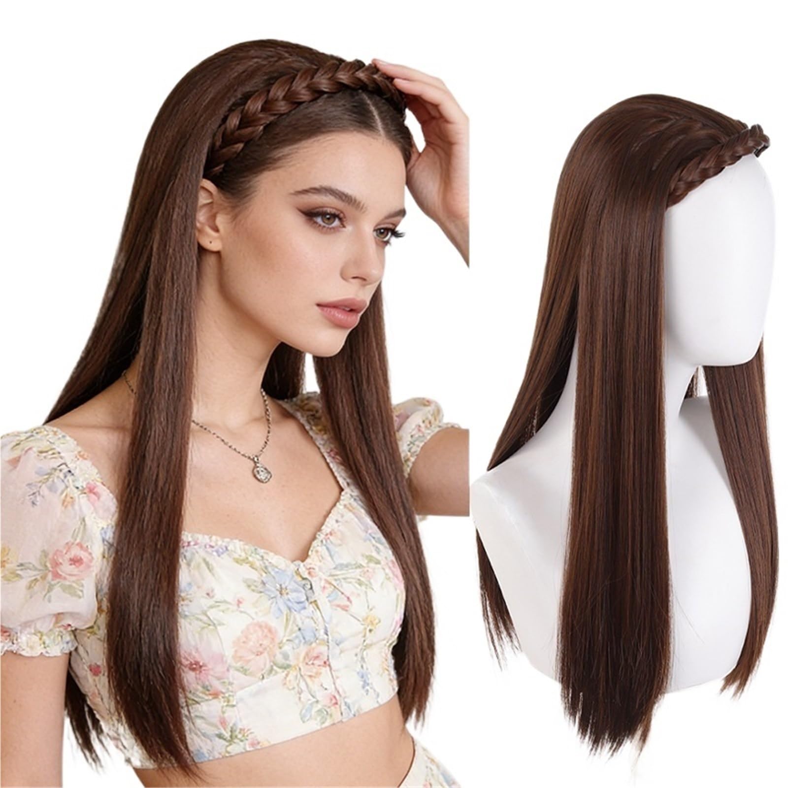 Libangrong-888 Bruin Wigs Long Hair Fried Dough Twists Braid Headband Integrated Head Cover Straight Wig Piece Natural Wig(Bruin)