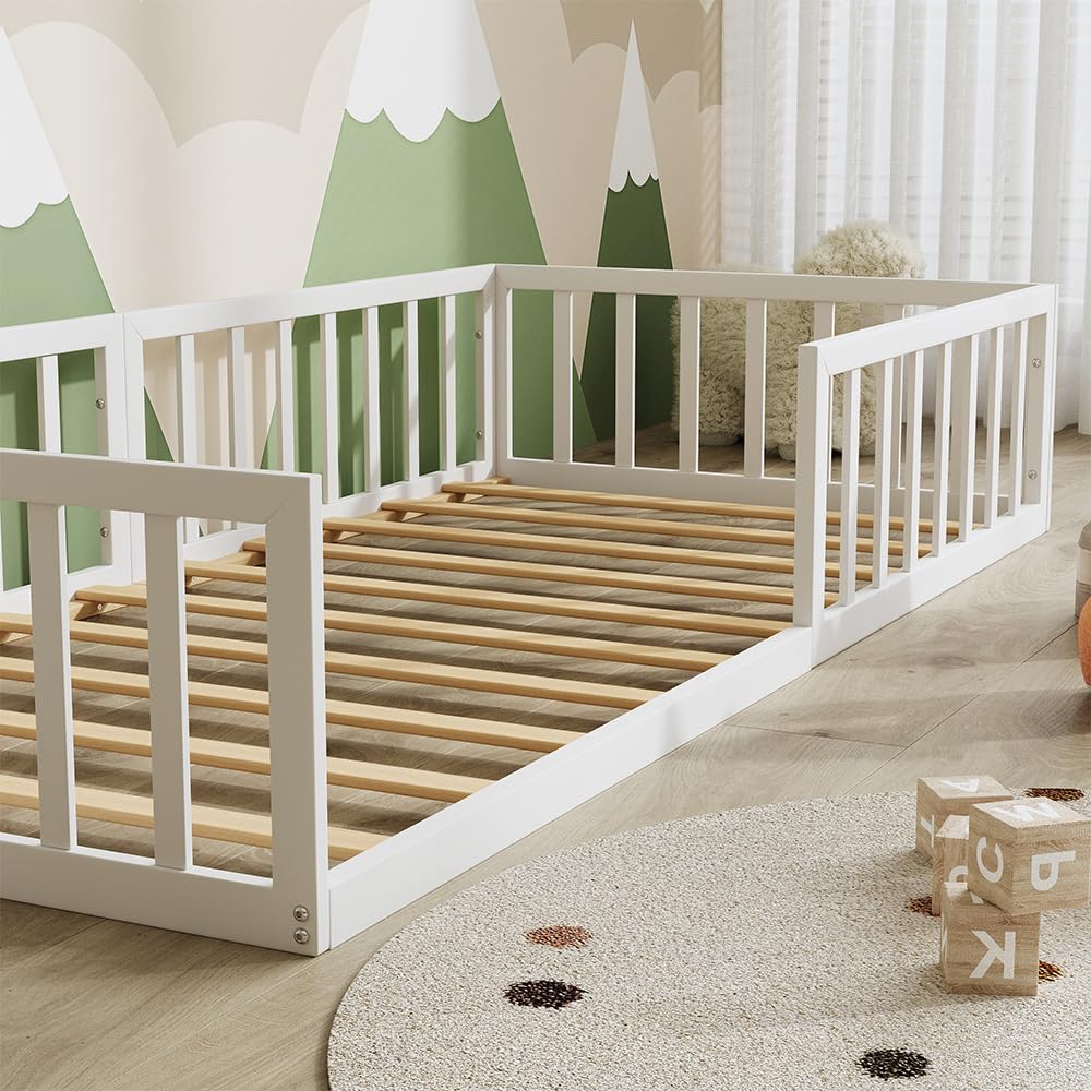 VitaliSpa Lit au Sol Minno 90x200, lit Enfant en métal, lit Montessori avec barrière de sécurité, Faible Hauteur d’accès, Blanc