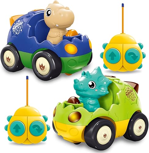 Miniatura 7 de Hiitytin Paquete de 2 autos de control remoto Dino para niños pequeños de 3 a 5 años, juguetes de dinosaurios, autos de dibujos animados RC con