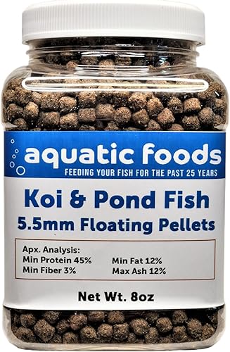 Aquatic Foods Inc. Koi and Pond Fish Pellet Food, 45% Proteína 0.217 in Pellets Flotantes Koi Pond... Tarro de 8 oz
