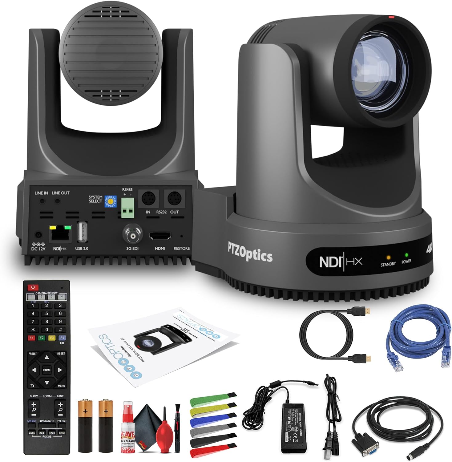 PTZOptics Move 4K SDI/HDMI/USB/IP PTZ Camera with 30x Optical Zoom (Gray) (PT30X-4K-GY-G3) + Lens Cleaning Kit + HDMI Cable + Ethernet Cable + Color Wire Ties