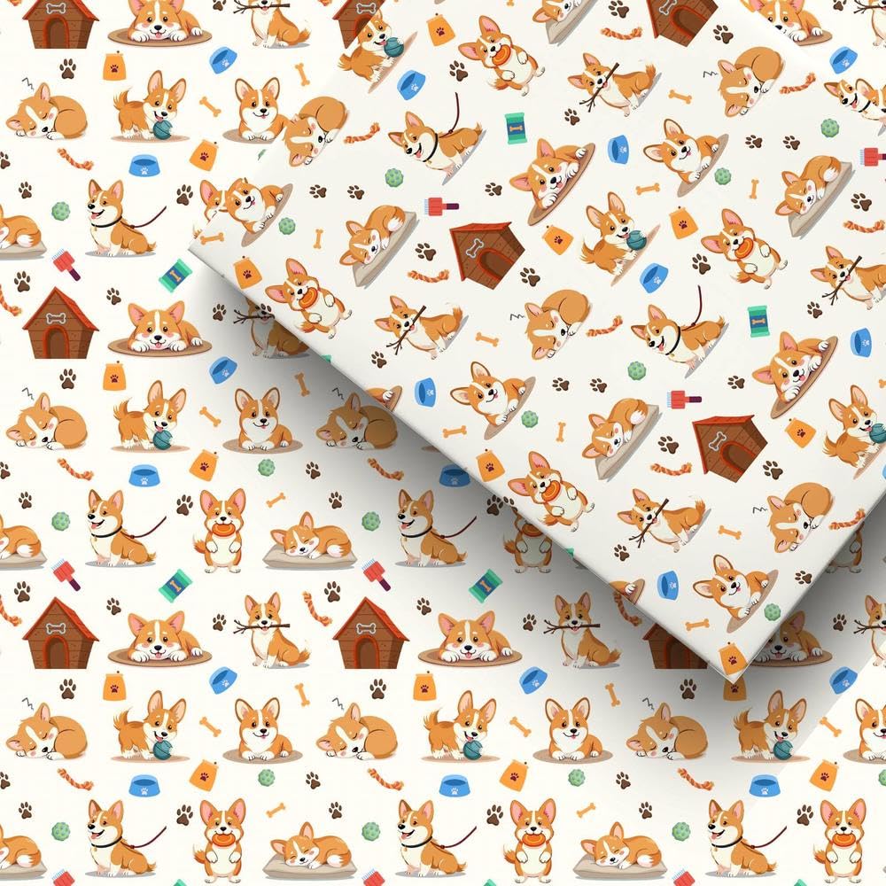 GleeWrap Corgi Wrapping Paper,4 Sheets Cute Corgi Dog Themed Gift Wrap, Puppy Paw Prints & Doggy Patterns for Pet Lovers Kids Birthday Baby Shower,50x70cm