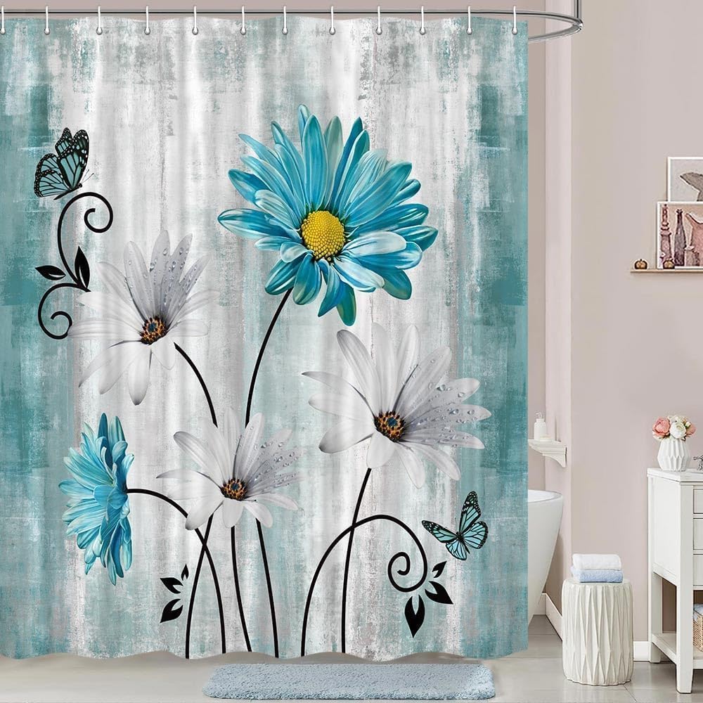 DYNH Rustic Farmhouse Daisy Shower Curtain, Farm White Blue Daisy Floral Flowers and Butterfly on Country Wooden Shower Curtain for Bathroom,