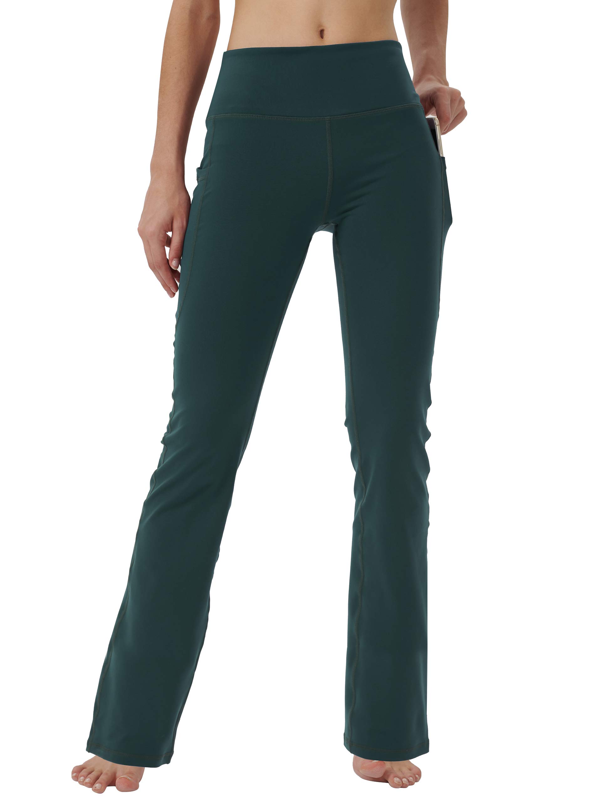 Damskie spodnie do jogi bootleg z ukrytymi kieszeniami kontrola brzucha legginsy do biegania długie bootcut, ZIELONY, L